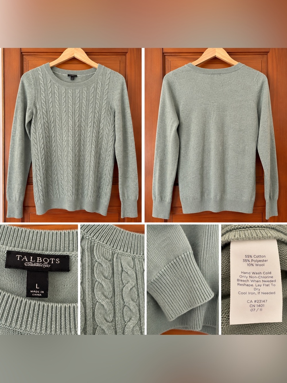 Talbots Sage Green Cable Knit Sweater Size L Cotton Wool Blend